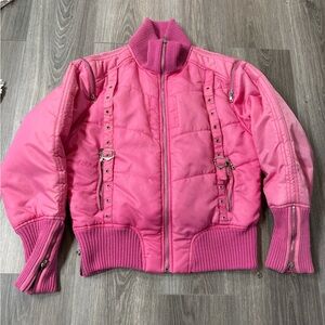 Loki Sport Pink Women’s Quilted Bomber Jacket Zippers Buckles Large